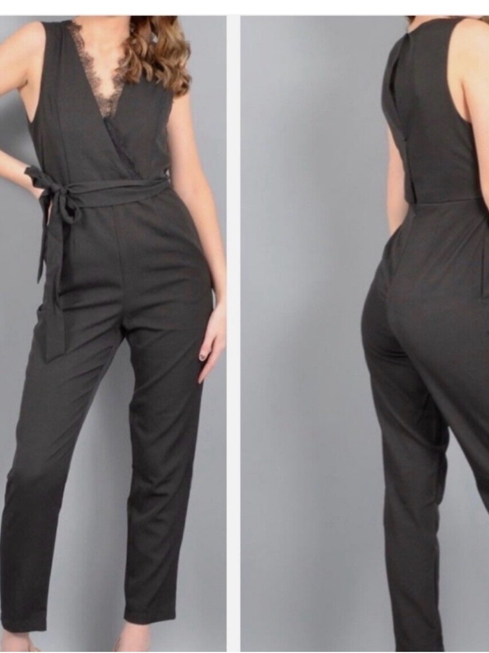 DO+BE Black Sleeveless Lace-Trim Wrap Jumpsuit with Self-Tie Waist
